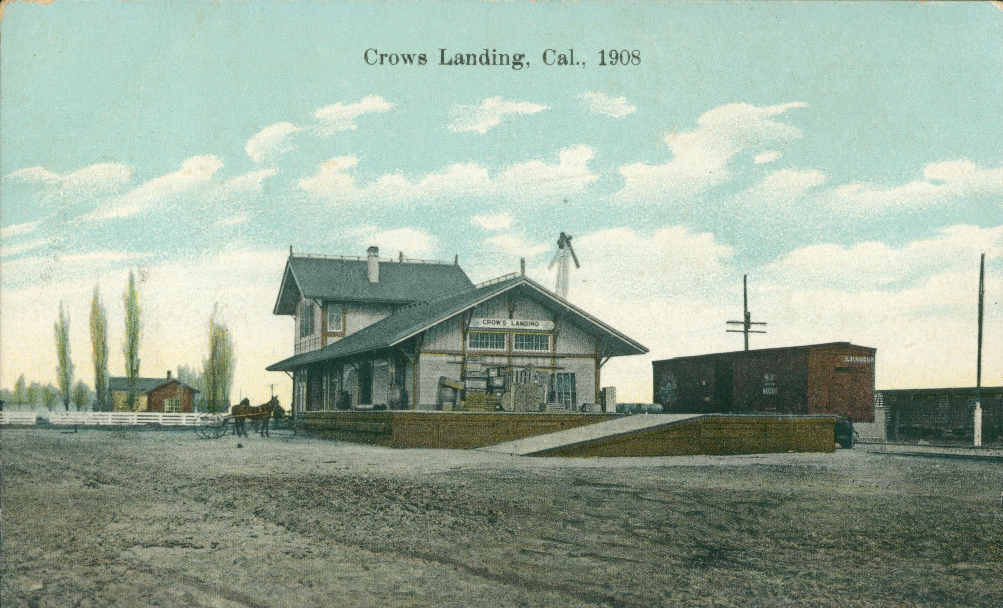 Shows the Crow's Landing railroad tracks and train depot.